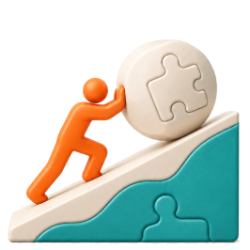 Business owner working harder to attract clients represented by a puzzle boulder uphill