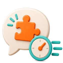Clock and speech bubble with puzzle piece representing faster understanding of business value