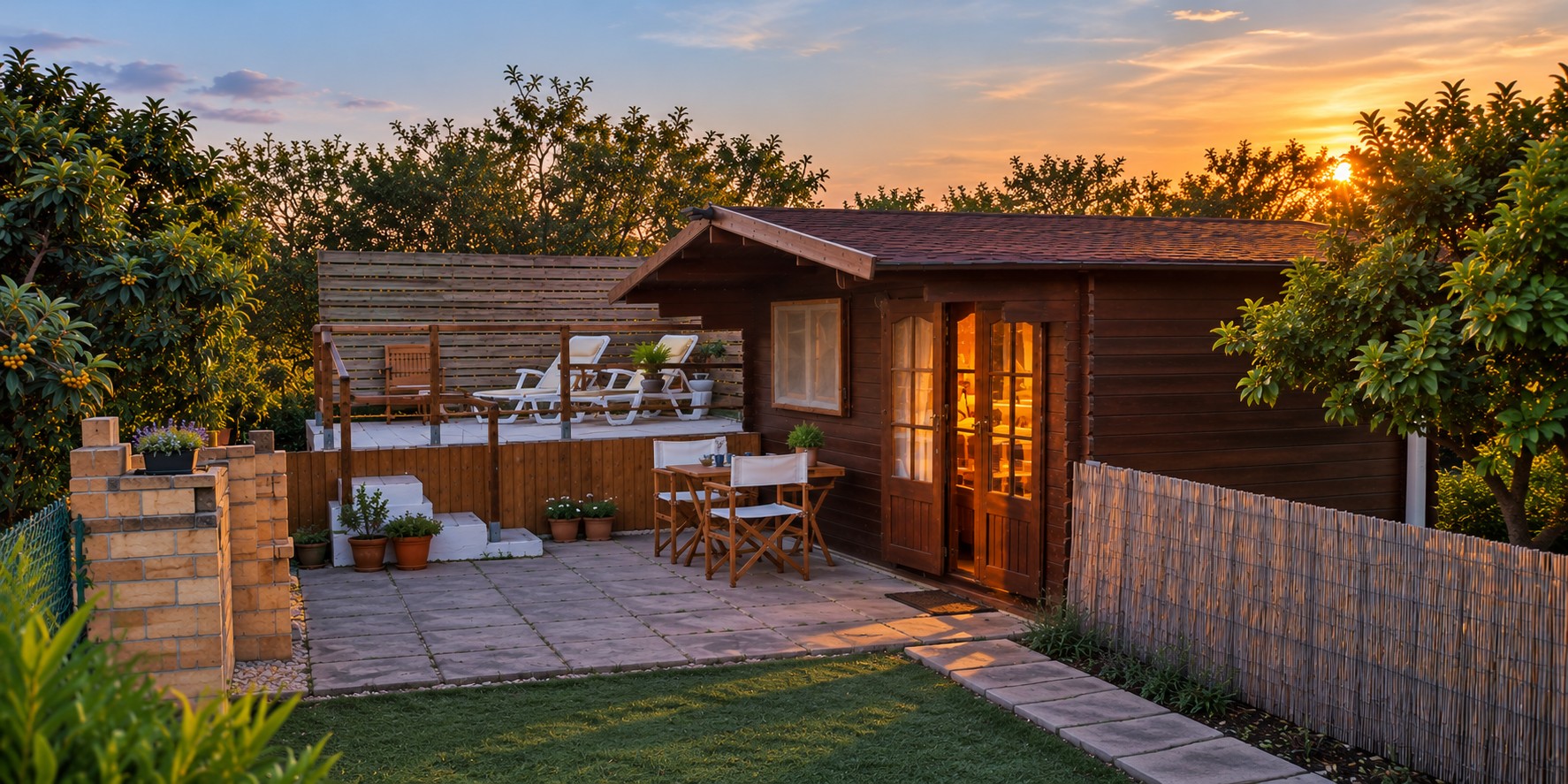 La Casita among the orange trees at sunset