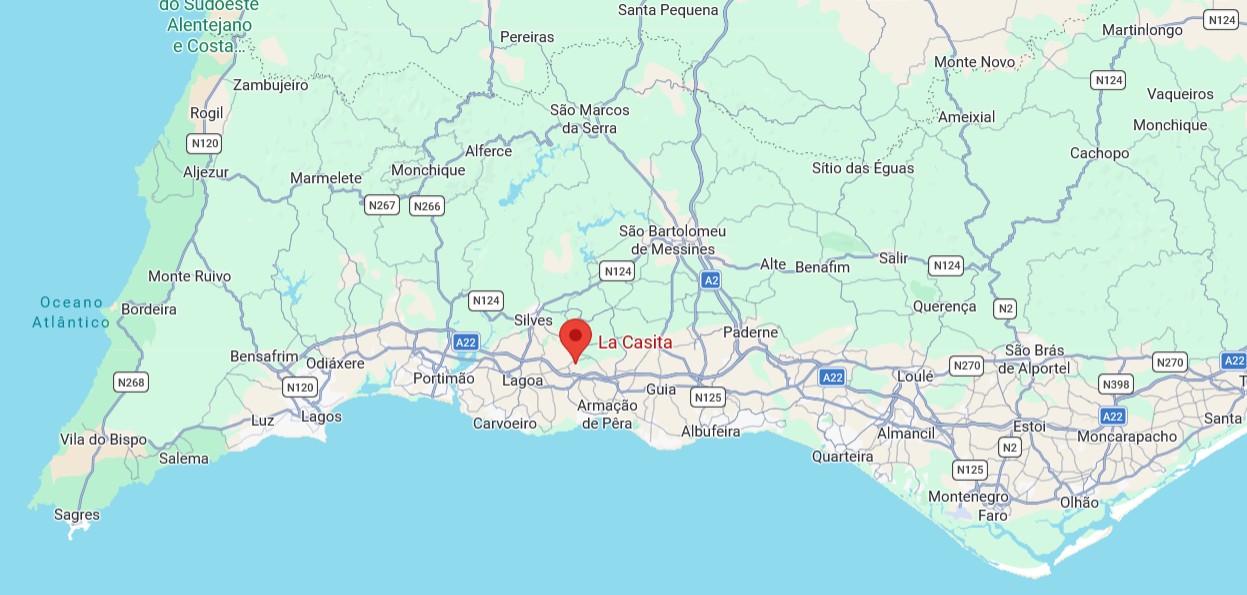 Map of the Algarve showing La Casita between Faro and Sagres